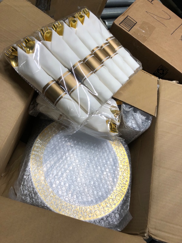 Photo 3 of 350 Piece Gold Plastic Dinnerware Set for 50 Guests,Disposable Lace Plates for Party, Include: 50 Gold Plates, 50 Plastic Dessert Plates Disposable, 50 Pre Napkins with Gold Silverware, 50 Cups Gold 350 Piece (50 guests)