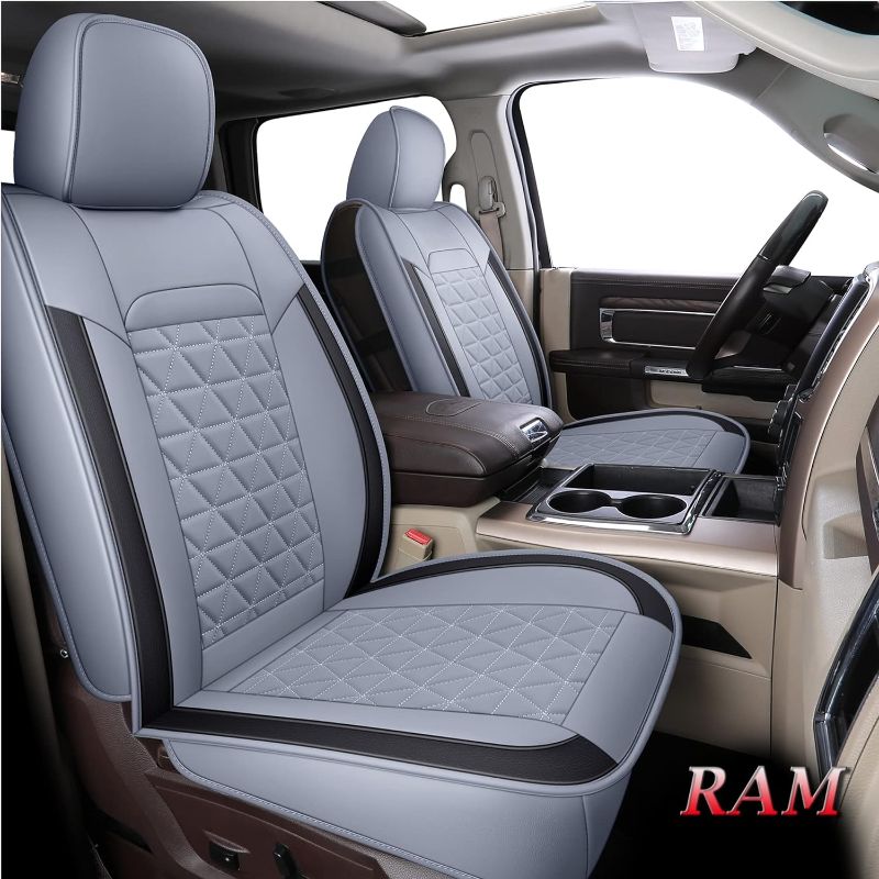 Photo 1 of Truckiipa Dodge Ram 1500 Seat Covers, 2 Front Seats Covers Leather Car Seats Protector Pickup Accessories for 2002-2023 Ram 1500 2500 3500 All Cab Laramie Big Long Horn Rebel Tradesman(2 Pcs/Black) Flat Front Pairs grey