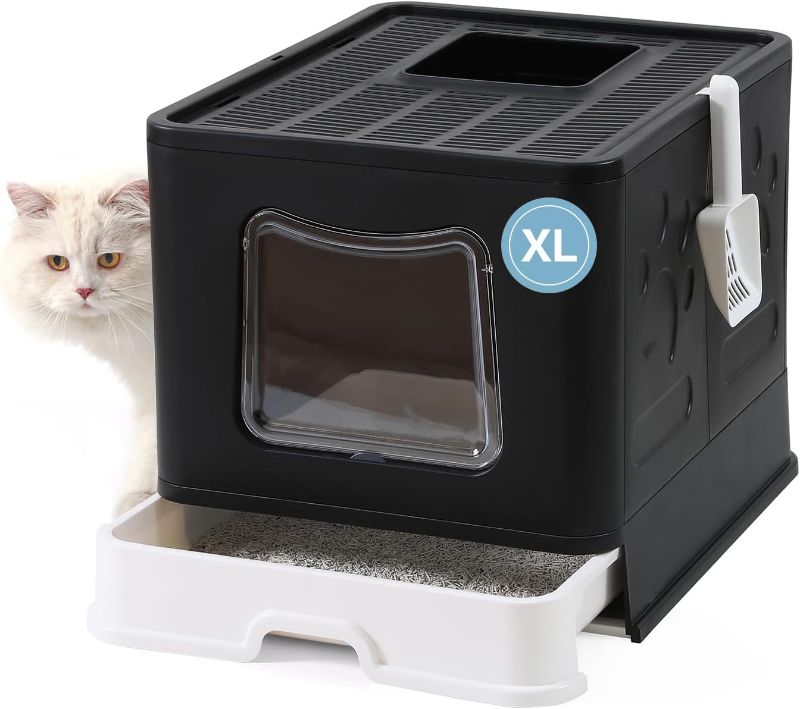 Photo 1 of Bolux Foldable Cat Litter Box with Lid, Extra Large Litter Box with Cat Litter Scoop, Drawer Type Cat Litter Pan Easy to Scoop & Low Tracking (Black XL)
