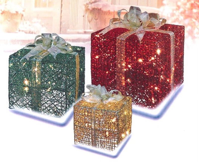 Photo 1 of 3-Piece Glittery Red, Green & Gold Gift Box Lighted Christmas Yard Art Set
