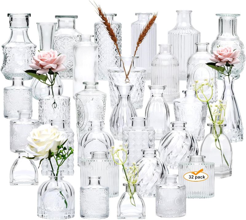 Photo 1 of Brajttt Set of 32 Bud Vases for Flowers, Small Vintage Glass Bottles for Rustic Wedding Centerpieces and Home Decor