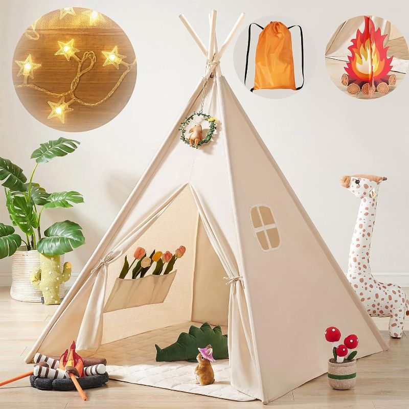 Photo 1 of 
Tiny Land Kids-Teepee-Tent with Lights & Campfire Toy & Carry Case, Natural Cotton Canvas Toddler Tent - Washable Foldable Teepee Tent for Kids...