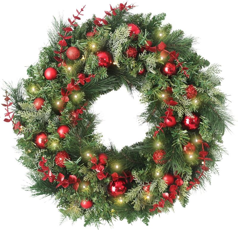 Photo 1 of 24Inch Christmas Wreaths, Christmas Wreaths for Front Door with Balls Ornaments, Eucalyptus and Battery Operated LED Lights, Large Artificial Xmas Wreath with Timer for Outdoor Holiday Decor