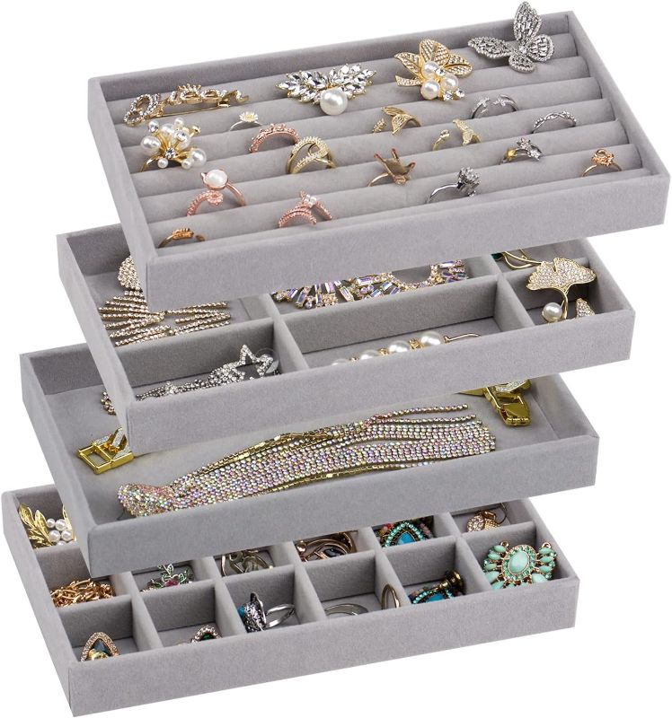 Photo 1 of MINGRI Stackable Jewelry Organizer Trays Drawer Inserts,Velvet Earring Display Trays, Box Ring Holder Necklace Case, Storage for Bracelet Brooch Watch, Set of 5 (Gray)