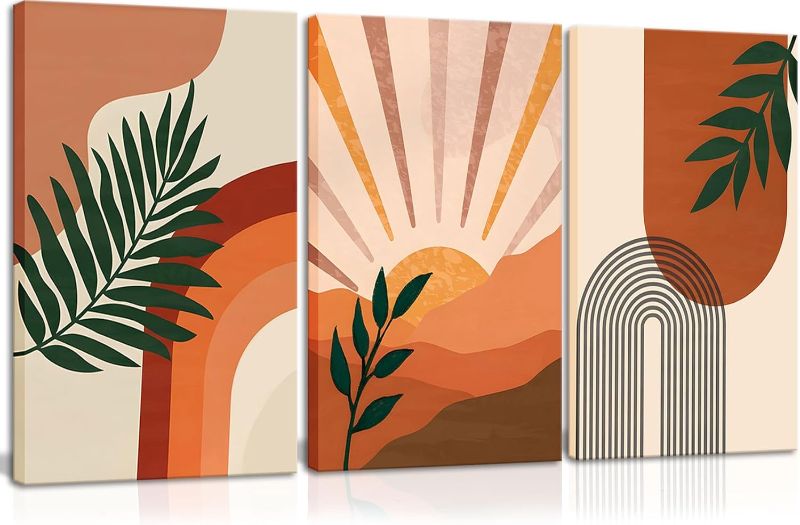 Photo 1 of 3Pcs Framed Boho Wall Art BohoWall Decor Mid Century Modern posters Prints Pictures Abstract Geometric Sun Mountain Line Plant Orange Minimalist Artwork for Living Room Bathroom Bedroom 16x24inx3

