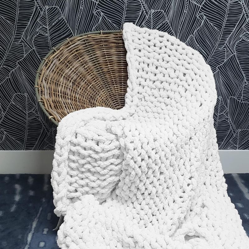 Photo 1 of Adyrescia Chunky Knit Blanket Throw | 100% Hand Knit with Jumbo Chenille Yarn (50"x60", White)
