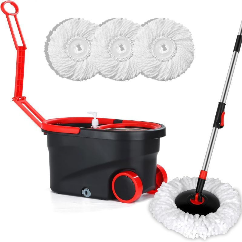 Photo 1 of 360° Spin Mop and Bucket Floor Cleaning System - Microfiber Mop Head, Wringer, 3 Replacements, Wheels, Stainless Steel Bucket, Black & Red
