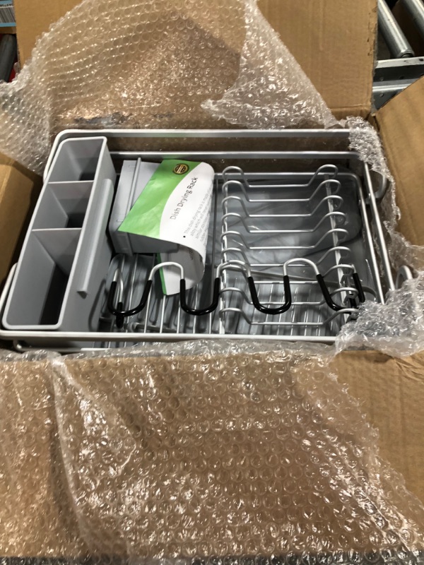 Photo 3 of [Upgraded] Aluminum Dish Drying Rack, ROTTOGOON Rustproof Dish Rack and Drainboard Set with Drainage, Utensil Holder, Cup Holder, Compact Dish Drainer for Kitchen Counter, 16.9"L x 12.2"W, Light Gray [Upgraded Drainboard] Light Gray & Silver