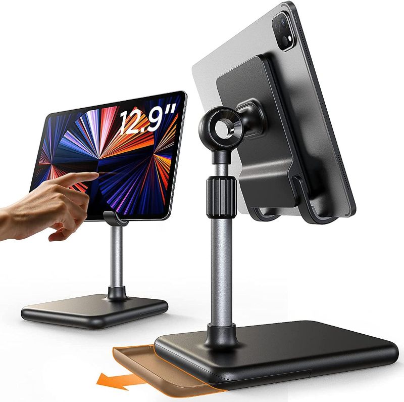 Photo 1 of LISEN Tablet Stand Holder, [Never Tip Over] iPad Stand for Desk [Height & Angle Adjustable] iPad Stands and Holders for Desk Compatible with All Tablets & Smartphones (Black)