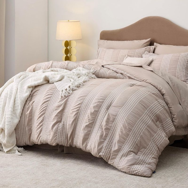 Photo 1 of Bedsure Bed in a Bag Queen - Queen Comforter Set 7 Pieces Stripes Seersucker Bedding Set, Soft Lightweight Down Alternative Comforter, Queen Bed Set (Khaki, Queen 88 x 88 Inch)