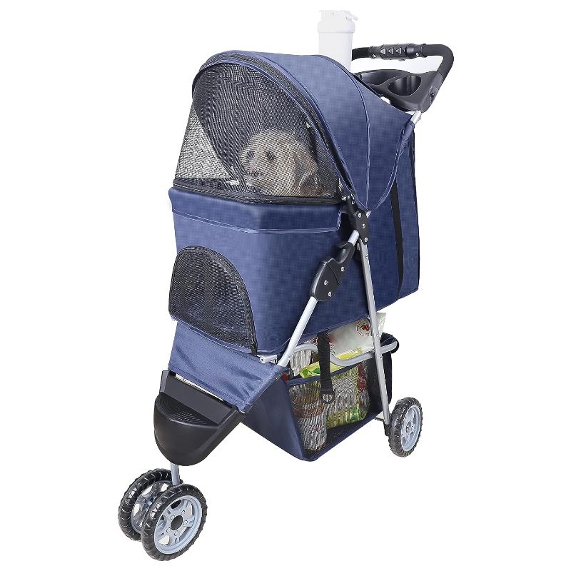 Photo 1 of Pet Strollers for Small Medium Dogs & Cats, 3-Wheel Dog Stroller Folding Flexible Easy to Carry for Jogger Jogging Walking Travel with Sun Shade Cup Holder Mesh Window (Dark Blue)
