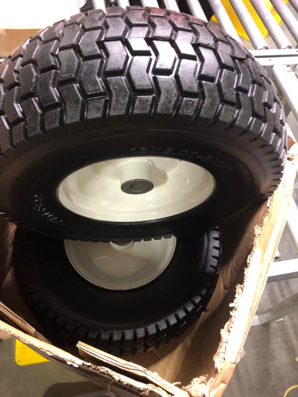 Photo 3 of 2-Pack 13x5.00-6 Flat-Free Tire with Rim,3"Centered Hub with 3/4" Bushings,w/Grease Fitting?400lbs Capacity,13x5-6 No-Flat Solid Rubber Turf Wheel,for Riding Lawn mower,Garden Cart,Wheelbarrow