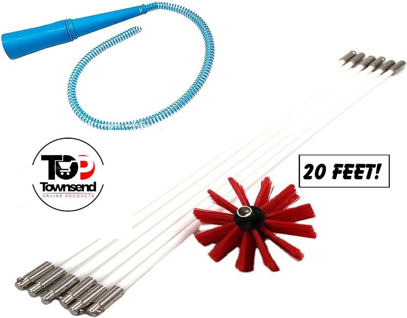 Photo 2 of 20 Foot Red Dryer Vent Cleaning Kit with Drill Attachments (Drill Not Included), 10 Flexible Rods and Blue Dryer Lint Trap Vacuum Attachment.