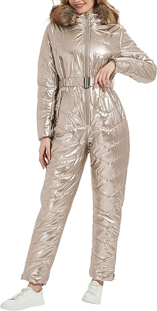 Photo 1 of RISISSIDA Women Ski Suit Jumpsuit, Winter Onesies Outdoor Sports Waterproof Snowsuit One Piece with Hood Removable Fur Collar GOLD XXL