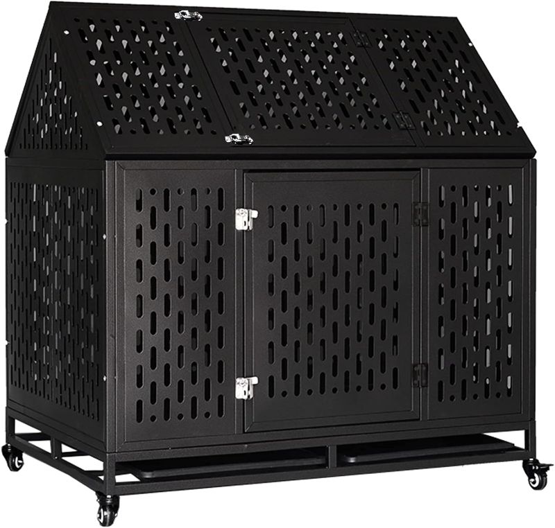 Photo 1 of 45’’ Heavy Duty Dog Crate for Large Dogs, Chew-Proof Metal Dog Kennel Dog Cage for Dogs with Anxiety, Calm Your Dogs, with Double Doors and Lockable Wheels, for Indoor or Outdoor