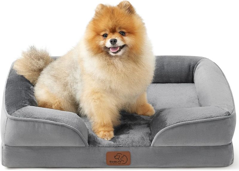 Photo 1 of Bedsure Orthopedic Dog Bed - Bolster Dog Sofa Beds for Small Dogs, Supportive Foam Pet Bed with Removable Washable Cover, Waterproof Lining and Nonskid Bottom Couch, Grey
