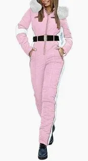 Photo 1 of Snow Suits for Women Winter Ski Suit Hooded Fur Collar Jumpsuit Outdoor Sports Waterproof Ski Outfits Romper Pink large