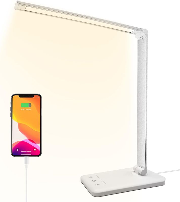 Photo 1 of HMFUNTM Led Desk Lamp, Desk Lamp with USB Charging Port, 5 Color Modes, 10 Brightness, Natural Light, Eye Caring Reading Lamp, Desk Light for Home Office, Table Lamp, Touch Control, Auto-Timer, White
