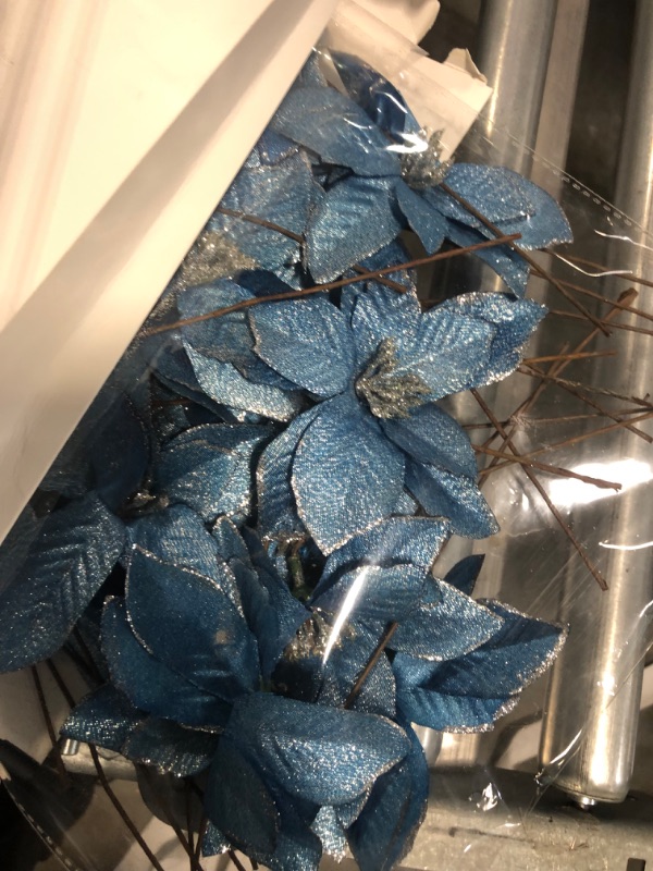Photo 3 of 24 Set Christmas Blue Glitter Poinsettia Flowers Picks Christmas Tree Ornaments for Winter Blue Teal Christmas Tree Wreaths Garland Holiday Seasonal Wedding Decorations White Gift Box Included