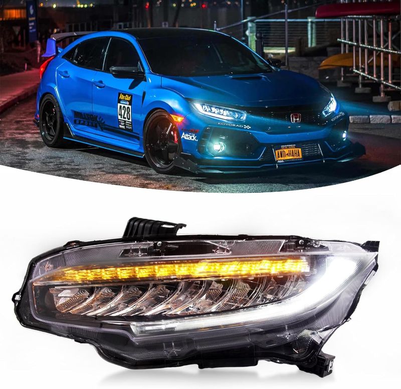 Photo 1 of Aumzong LED Headlights for Right Passenger Side Compatible with 10th Gen Honda Civic Sedan/Coupe/Hatchback 2016-2021 w/Blue to White DRL & Sequential Amber Turn Signal