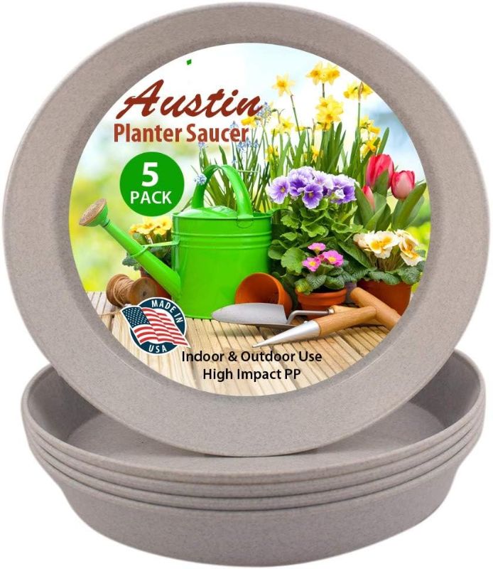 Photo 1 of Austin Planter 16 Inch (14.2 Inch Base) Case of 5 Plant Saucers - White Granite Colored Polypropylene,Heavy Duty Indoor/Outdoor Pan,Collects Flower Pot Drainage and Excess Water, Made in USA