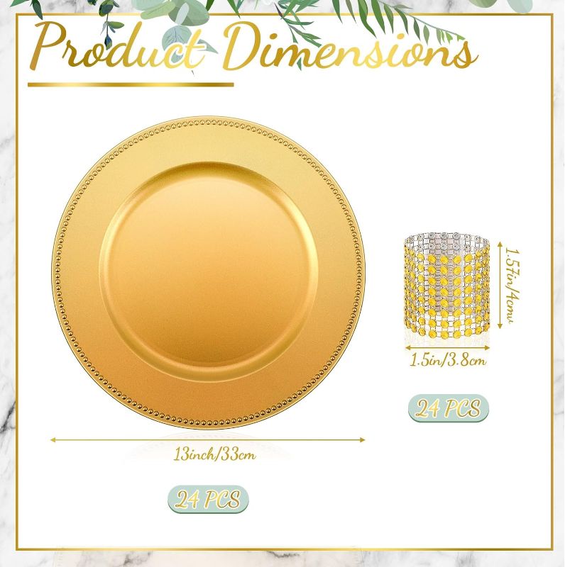 Photo 1 of 48 Pcs Charger Plates Set Bulk 24 Plastic Plate Chargers and 24 Napkin Rings, 13 Inch Round Dinner Chargers for Table Setting Wedding Party Baby Shower Event Decoration (Gold)
