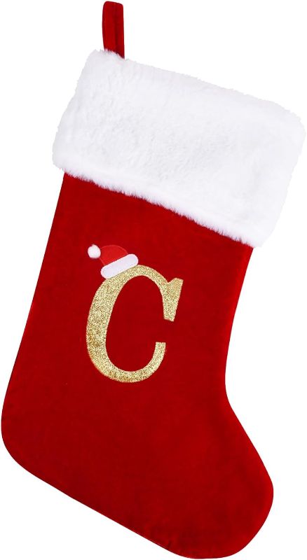 Photo 1 of 20 Inches Monogram Christmas Stockings with Letters, Large Super Soft Christmas Stockings Red Velvet with White Super Soft Plush Cuff for Christmas Xmas Tree Holiday Fireplace Family Decor Gifts (C)
