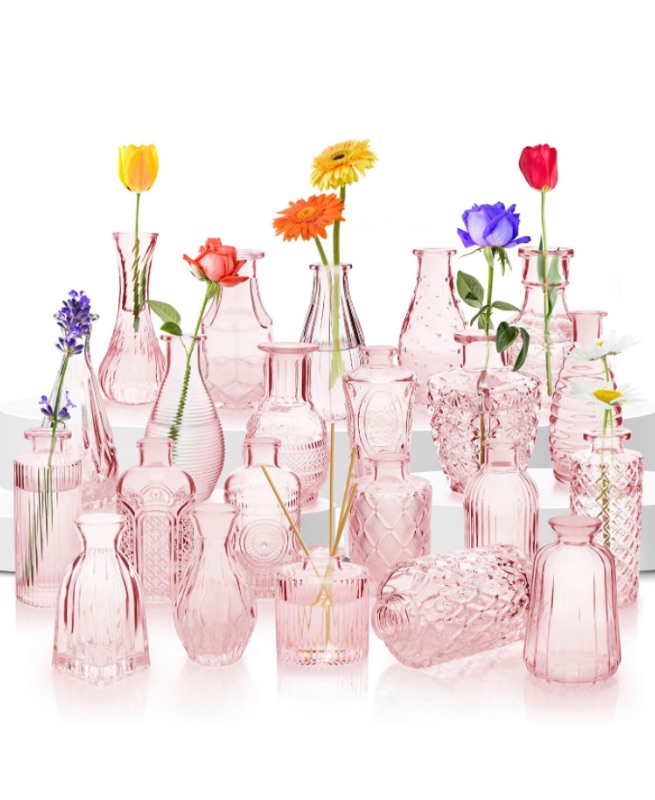 Photo 1 of 22 Pack Flower Vase - BEAHOT Mini Bud Vases in Bulk, Small Vases for Flowers, Glass Vases for Centerpieces, Vintage Vases for Wedding Decor, Cute Crystal Bud Vases for Room Home Office Decor (Pink)