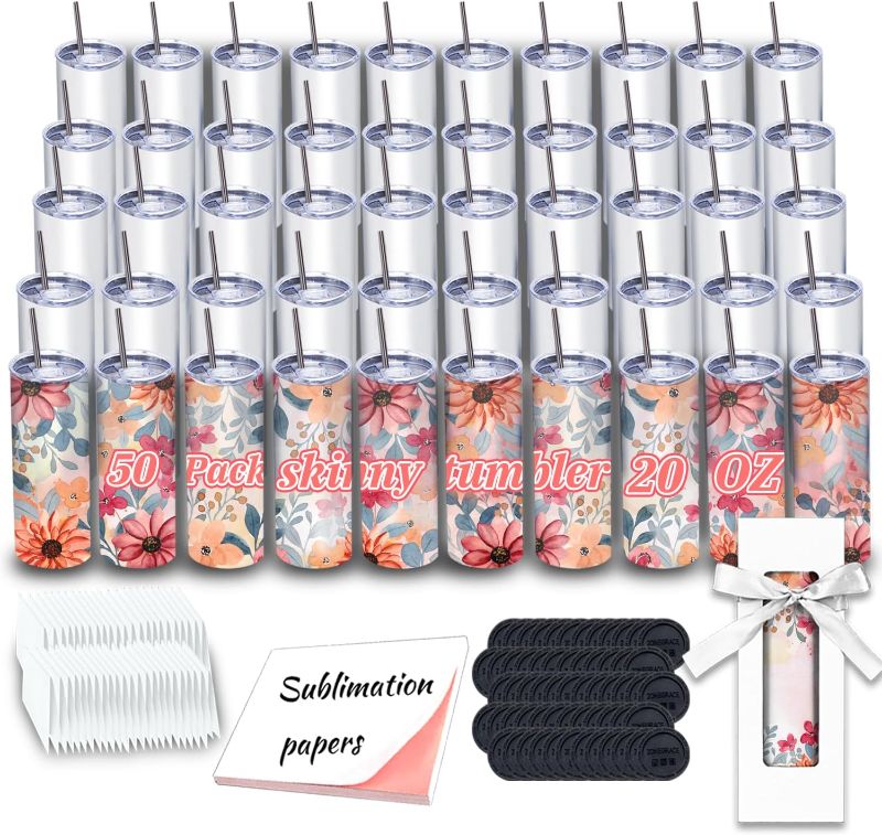 Photo 1 of 50 Pack Sublimation Tumblers 20 oz Skinny bulk,Stainless Steel Double Wall Insulated Straight Sublimation Tumbler Cups Blank White with Lid,Individually Box,Polymer Coating for Heat Transfer