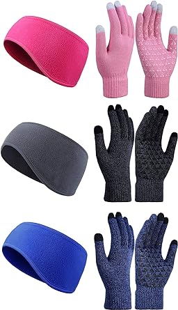 Photo 1 of 6 Piece Winter Touchscreen Gloves Running Headband Ear Cover Muffs Warmer for Running Ski Cycling+mini face roller PINK