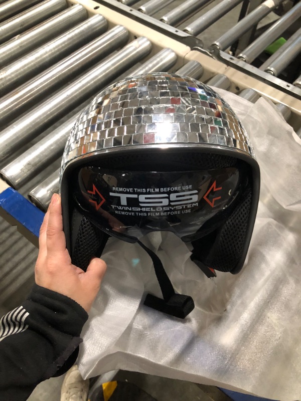 Photo 4 of Yoiemivy Disco Helmet with Retractable Visor Glitter Mirror Glass Disco Ball Helmet Punk Disco Ball Costume Hat for Bar DJ Club Party