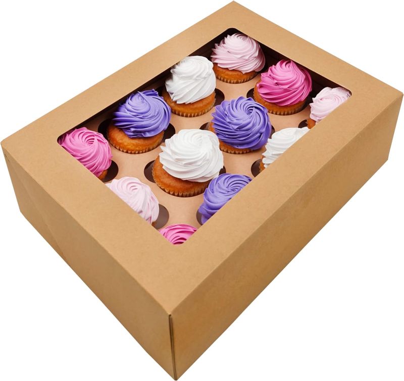 Photo 1 of BAKELUV Brown Cupcake Boxes with Window | 13x9.5x4” | 25 Pack Carrier Containers + 25 Cupcake Holder | 12 Cupcake/Muffin Capacity per Box