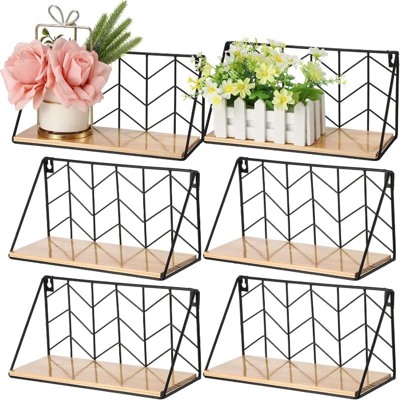 Photo 1 of Tatuo 6 Pieces Floating Shelves Wall Mounted Set Wall Rustic Wood Storage with Metal Wire Modern Arrow Design Display Shelves 11.5 Inch Hanging Shelf for Bedroom Living Room Bathroom Kitchen Office