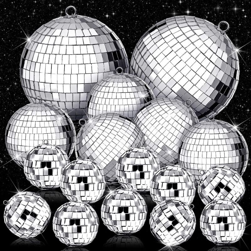 Photo 1 of 17 Pack Large Disco Ball Hanging Disco Ball Small Disco Ball Mirror Disco Balls Decorations for Party Wedding Dance and Music Festivals Decor Club Stage Props DJ Decoration (6 Inch, 3.2 Inch, 2 Inch)