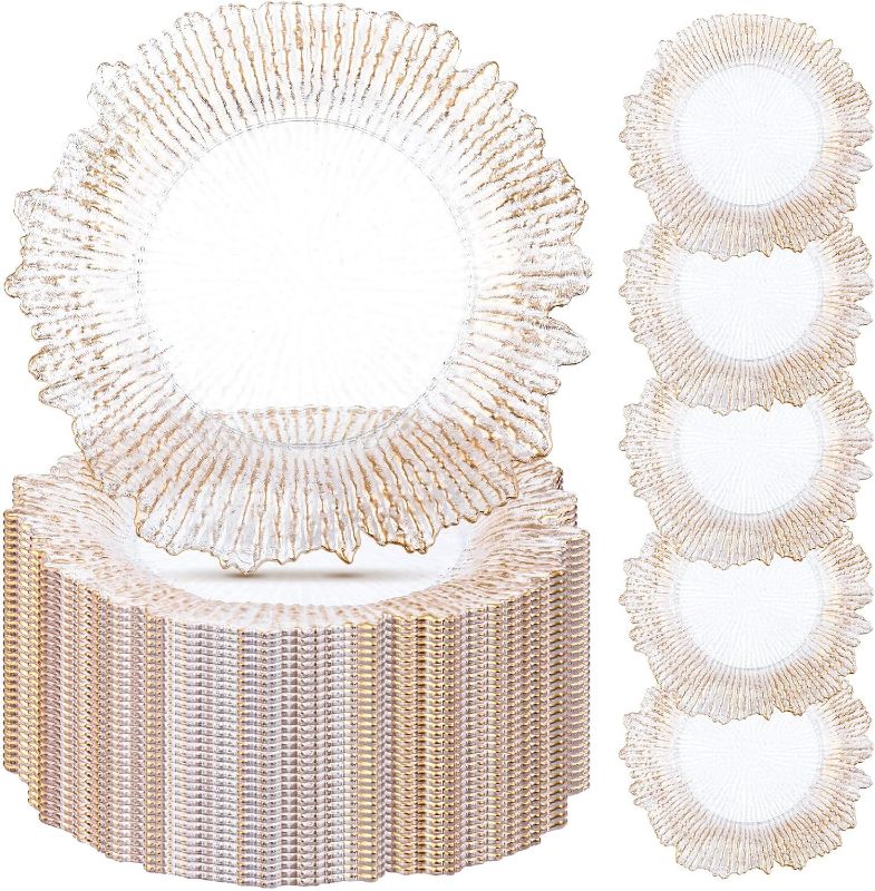 Photo 1 of ****** SOME PLATES BROKEN ******* Tanlade 100 Pcs Reef Charger Plates Bulk 13 Inch Plastic Wedding Chargers Decor Floral Decorative Charger Plates Metallic Ruffled Rim Charger Plates for Wedding Party, Holiday Event Supplies (Clear)