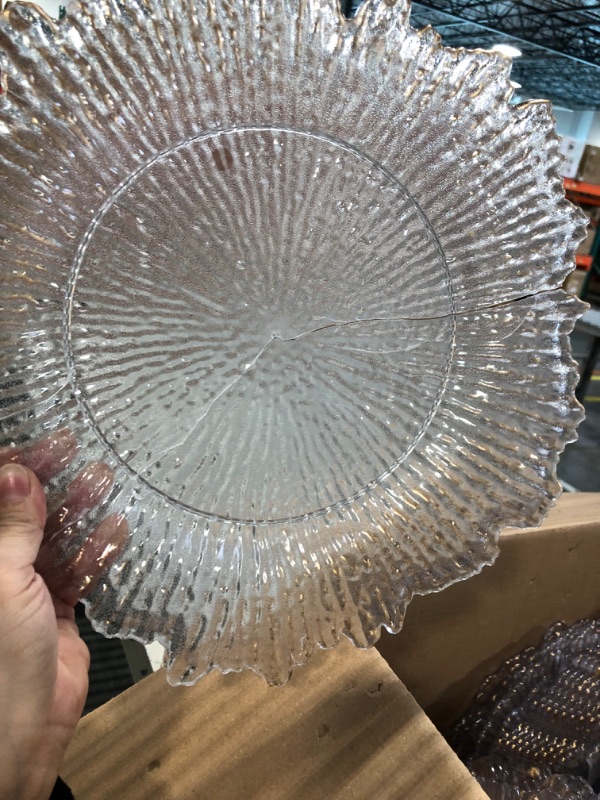 Photo 4 of ****** SOME PLATES BROKEN ******* Tanlade 100 Pcs Reef Charger Plates Bulk 13 Inch Plastic Wedding Chargers Decor Floral Decorative Charger Plates Metallic Ruffled Rim Charger Plates for Wedding Party, Holiday Event Supplies (Clear)