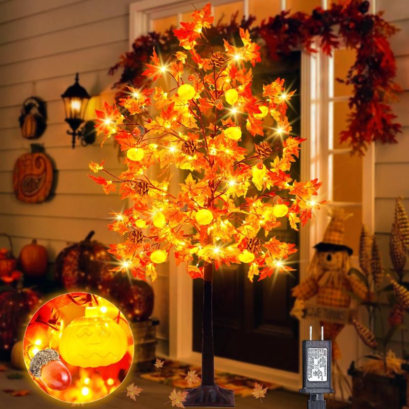 Photo 1 of 6 Ft Lighted Prelit Maple Tree Thanksgiving Decor 112 Warm White LEDs with 12 Pumpkin 8 Acorns 4 Pine Cones Lights Timer Home Indoor Outdoor Autumn Thanksgiving Decorations Artificial Tree Harvest