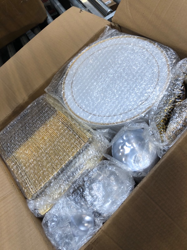 Photo 3 of 600 Pieces Gold Plastic Plates for 100 Guests, Plastic Plates for Party Wedding Birthday, Disposable Dinnerware Set of 100 Dinner Plates, 100 Salad Plates, 100 Spoons, 100 Forks, 100 Knives, 100 Cups 100 Guests Gold