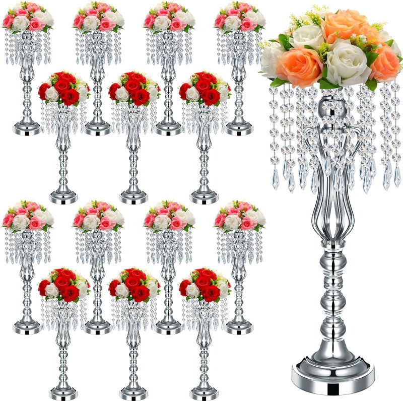 Photo 1 of 16 Pcs Wedding Centerpieces for Tables, Vase Centerpiece with Chandelier Crystal, 21.3 Inch Metal Flower Stand, Tall Flower Vases for Wedding Reception Birthday Party Home Decoration (Silver)
