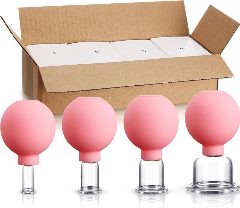 Photo 1 of 4 Pieces Glass Cupping Set Glass Silicone Cupping Cups Massage Vacuum Suction Cupping Cups for Body Face Leg Arm Back Shoulder Muscle and Joint Pain (Pink)
