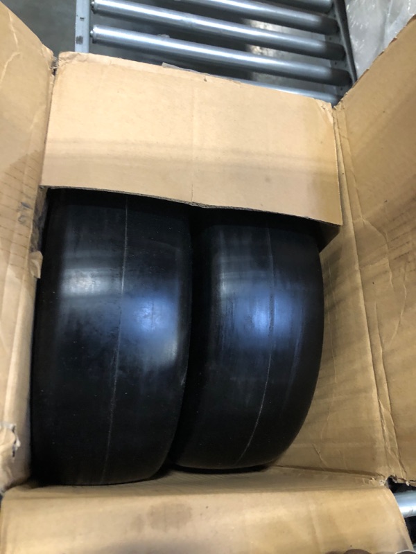 Photo 3 of 2 PCS Upgrade 13x5.00-6" Flat Free Lawn Mower Smooth Tire, Commercial Grade Lawn and Garden Mower Turf Replacement Solid Tire and Wheel with Steel Rim, 3/4" Grease Bushing and 3.25"-5.9" Centered Hub