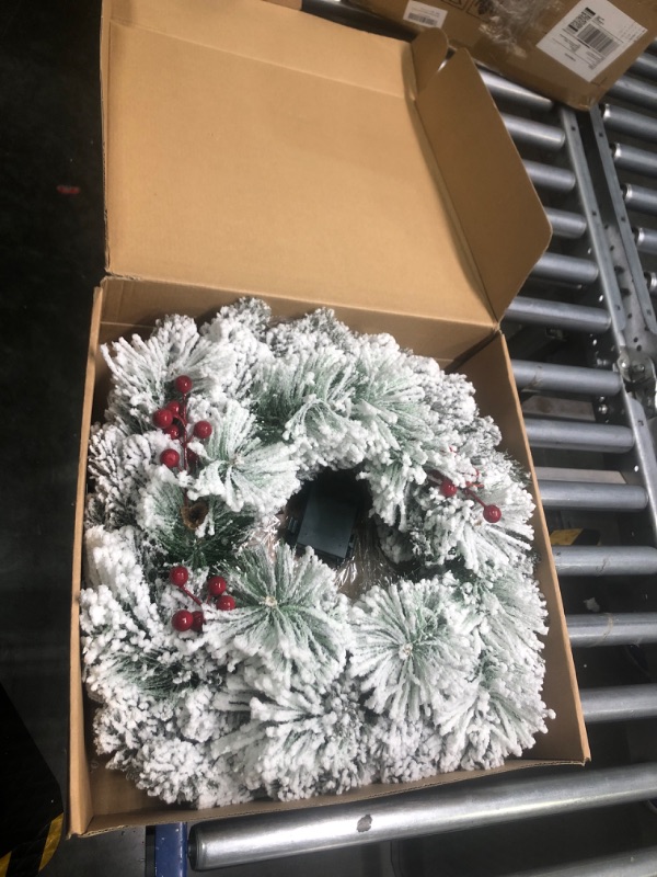 Photo 3 of 22 inch Lighted Pine-Cone red Berry Winter White Snow Flocked Christmas Wreath Battery Operated Cordless with 15 Warm led Lights pre-lit for Front Door Outside, Corona de Navidad para puerta 22"