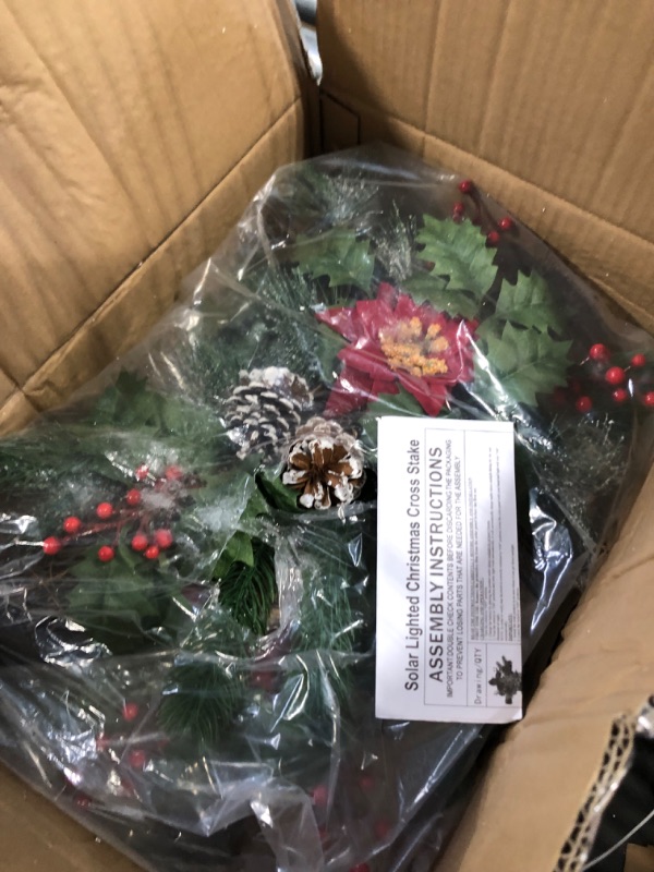 Photo 3 of  2 Pack Outdoor Solar Lights Christmas Decorations, Cross Stake Lights with Faux Poinsettia Pine Cones Red Berries and Foliage for Garden Patio Grave