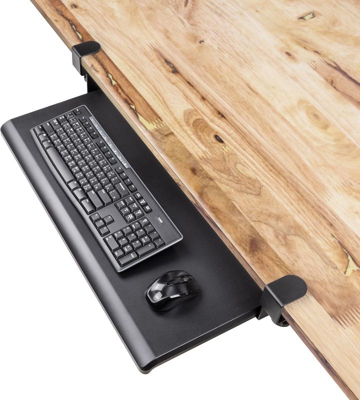 Photo 1 of EHO Clamp-On Under Desk Keyboard Tray Underdesk Extender Table Attachment Keyboard Drawer, Adjustable Keyboard Tray - Large Size, 27.5" x 12.25" for Work from Home Office Accessories Large Platform