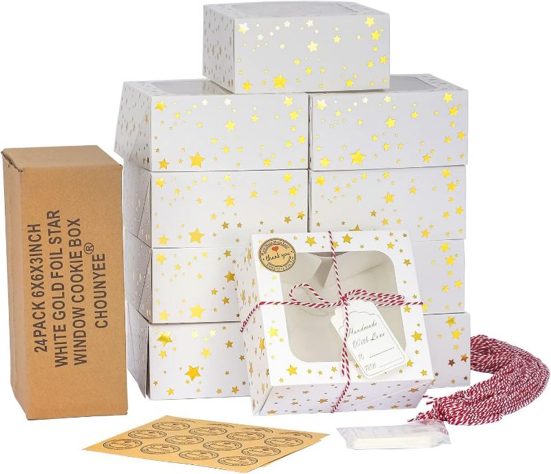 Photo 1 of CHOUNYEE 24 Pack 6X6X3 Christmas Cookie Boxes for Gift Giving Gold Foil Star White Bakery Boxes with Window 6 Inch Small Treat Boxes for Mini Cake Pastry Dessert Cupcakes Candy Donut Packaging
