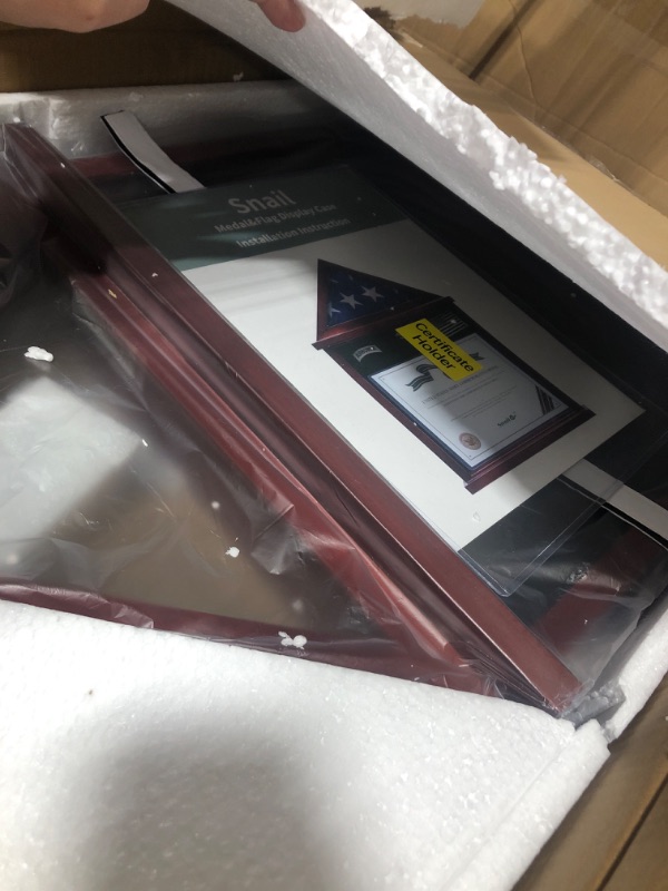 Photo 1 of Flag Display Case Military Shadow Box Fits a Folded 3'x5' Army Navy Air Force Veterans Home Flown Flag with Certificate Document Holder Frame and Felt Lining for Badges and Medals, Mahogany Finish Small