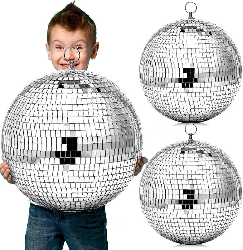 Photo 1 of 2 Pack Large Disco Ball Silver Hanging Mirror Disco Ball Reflective Mirror Disco Ball Ornament for Party Holiday Wedding Dance Music Festivals Decor Club Stage Props DJ Decoration (12 Inch, 12 Inch)