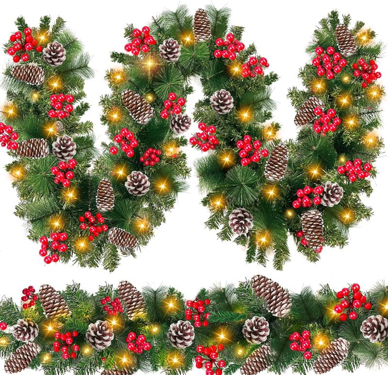 Photo 1 of [ 2 Pack & Timer ] 9 Ft by 10'' Prelit Christmas Garland Decorations 100 LED Lights 8 Modes Battery Operated 300 Thick Tips 198 Red Berries 18 Pine Cones Xmas Garland Decor Indoor Outdoor Home Mantle