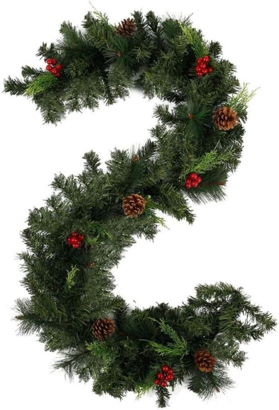 Photo 1 of 6 Feet Artificial Christmas Garland Pine Cones and Red Berries Pine Wreath Garland Xmas Decorations (6 ft, Without Light)