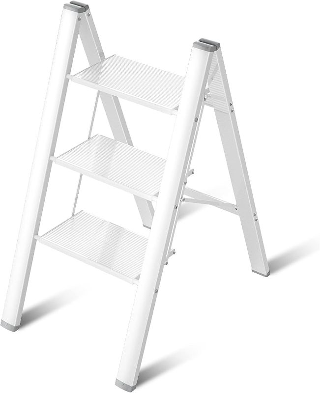 Photo 1 of 3 Step Ladder Aluminum Lightweight Folding Step Stool Wide Anti-Slip Pedal 330 Lbs Capacity Household Office Portable Stepladder,White
